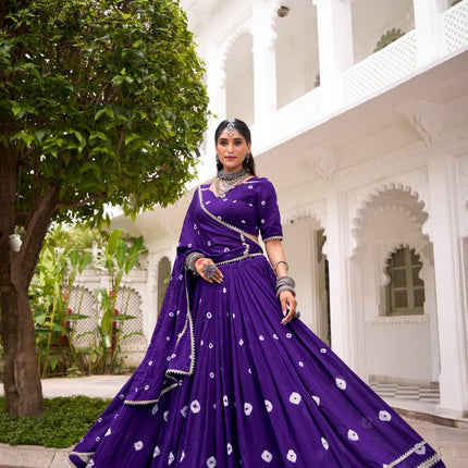 Lorenvalley Fashion Purple Pure Chanderi Bandhej Print With Lace Touch Up Lehenga Choli with Dupatta