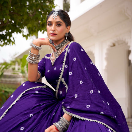 Lorenvalley Fashion Purple Pure Chanderi Bandhej Print With Lace Touch Up Lehenga Choli with Dupatta