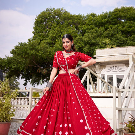 Lorenvalley Fashion Red Pure Chanderi Bandhej Print With Lace Touch Up Lehenga Choli with Dupatta