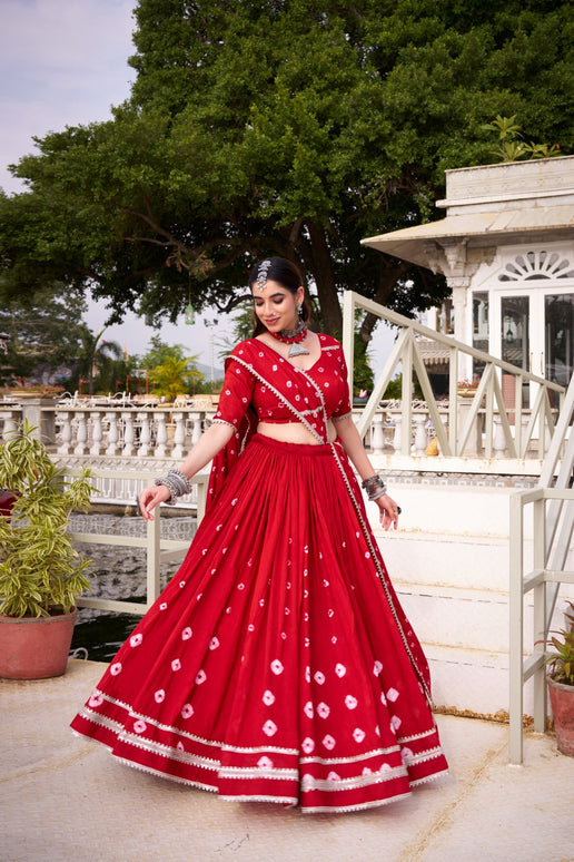 Lorenvalley Fashion Red Pure Chanderi Bandhej Print With Lace Touch Up Lehenga Choli with Dupatta
