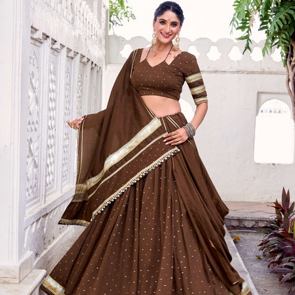 Lorenvalley Fashion Brown Pure Chanderi Zari Weaving Work With Embossed Design Lace Touch Up Lehenga Choli with Dupatta