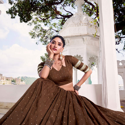 Lorenvalley Fashion Brown Pure Chanderi Zari Weaving Work With Embossed Design Lace Touch Up Lehenga Choli with Dupatta