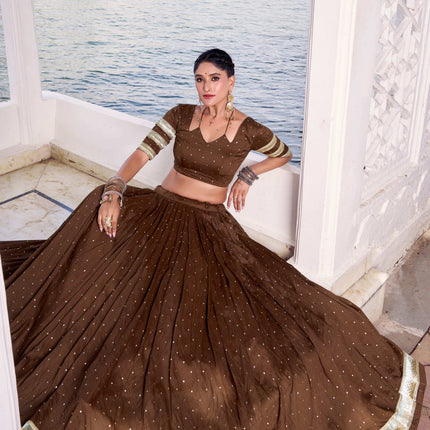 Lorenvalley Fashion Brown Pure Chanderi Zari Weaving Work With Embossed Design Lace Touch Up Lehenga Choli with Dupatta