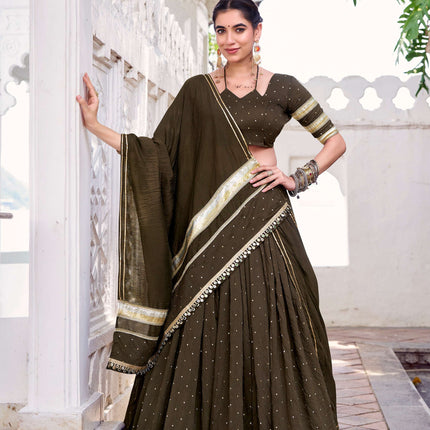 Lorenvalley Fashion Mahendi Pure Chanderi Zari Weaving Work With Embossed Design Lace Touch Up Lehenga Choli with Dupatta