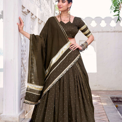 Lorenvalley Fashion Mahendi Pure Chanderi Zari Weaving Work With Embossed Design Lace Touch Up Lehenga Choli with Dupatta