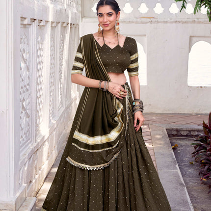 Lorenvalley Fashion Mahendi Pure Chanderi Zari Weaving Work With Embossed Design Lace Touch Up Lehenga Choli with Dupatta