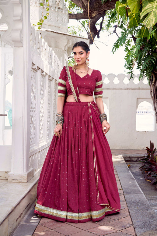 Lorenvalley Fashion Maroon Pure Chanderi Zari Weaving Work With Embossed Design Lace Touch Up Lehenga Choli with Dupatta