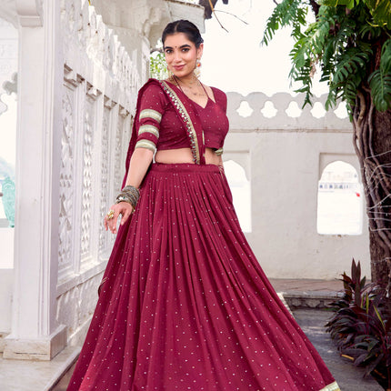 Lorenvalley Fashion Maroon Pure Chanderi Zari Weaving Work With Embossed Design Lace Touch Up Lehenga Choli with Dupatta