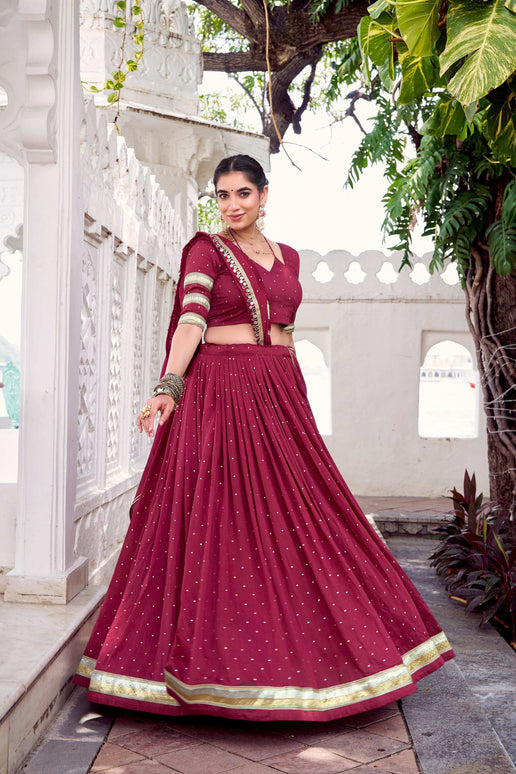 Lorenvalley Fashion Maroon Pure Chanderi Zari Weaving Work With Embossed Design Lace Touch Up Lehenga Choli with Dupatta