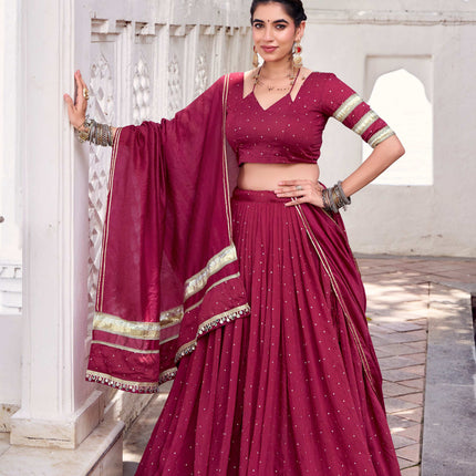 Lorenvalley Fashion Maroon Pure Chanderi Zari Weaving Work With Embossed Design Lace Touch Up Lehenga Choli with Dupatta