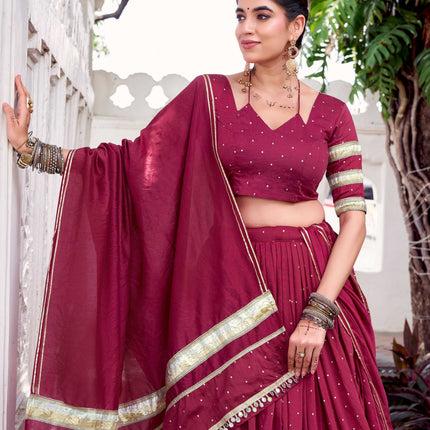 Lorenvalley Fashion Maroon Pure Chanderi Zari Weaving Work With Embossed Design Lace Touch Up Lehenga Choli with Dupatta