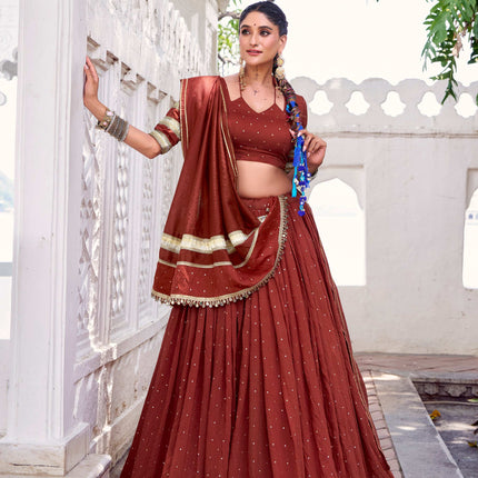 Lorenvalley Fashion Rosegold Pure Chanderi Zari Weaving Work With Embossed Design Lace Touch Up Lehenga Choli with Dupatta