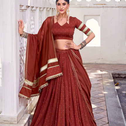 Lorenvalley Fashion Rosegold Pure Chanderi Zari Weaving Work With Embossed Design Lace Touch Up Lehenga Choli with Dupatta