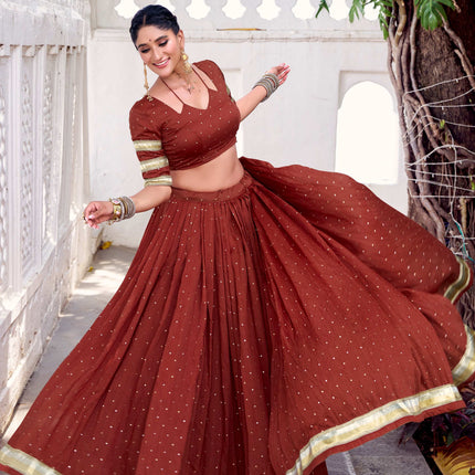 Lorenvalley Fashion Rosegold Pure Chanderi Zari Weaving Work With Embossed Design Lace Touch Up Lehenga Choli with Dupatta