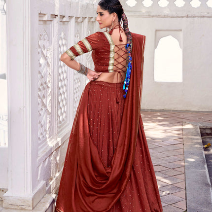 Lorenvalley Fashion Rosegold Pure Chanderi Zari Weaving Work With Embossed Design Lace Touch Up Lehenga Choli with Dupatta