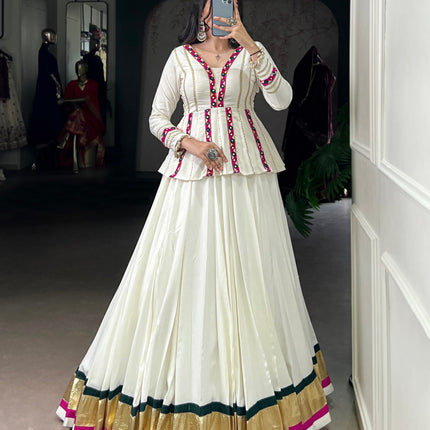 Lorenvalley Fashion White Pure Rayon Embossed Design Lace Touch up Lehenga Choli
