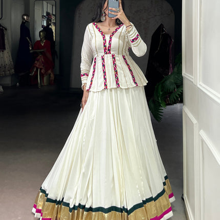 Lorenvalley Fashion White Pure Rayon Embossed Design Lace Touch up Lehenga Choli