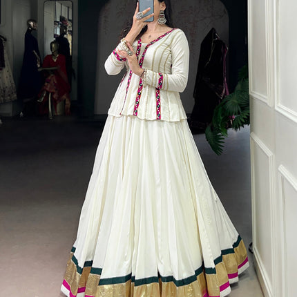 Lorenvalley Fashion White Pure Rayon Embossed Design Lace Touch up Lehenga Choli