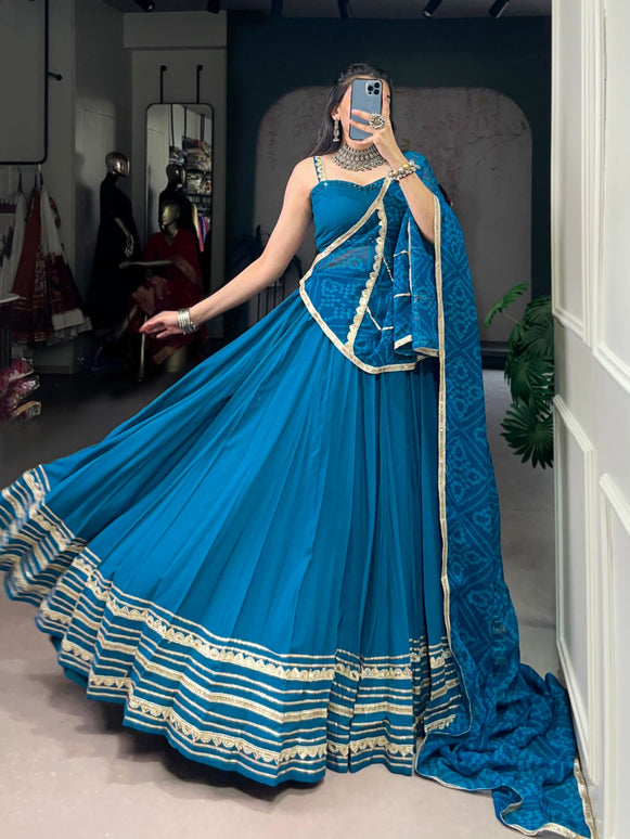Lorenvalley Fashion Teal Pure Rayon Lace Touch Up Lehenga Choli with Dupatta