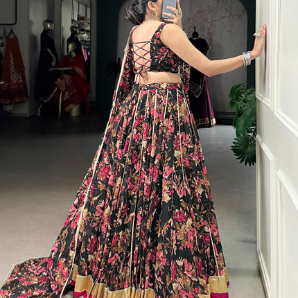 Lorenvalley Fashion Black Chiffon Floral Print and Foil Print with Embossed Design with Gotta Patti Lace Touch Up Lehenga Choli with Dupatta
