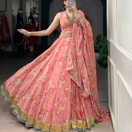 Lorenvalley Fashion Peach Chiffon Floral Print and Foil Print with Embossed Design with Gotta Patti Lace Touch Up Lehenga Choli with Dupatta