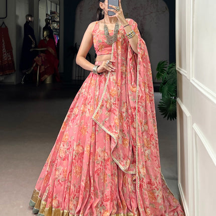 Lorenvalley Fashion Peach Chiffon Floral Print and Foil Print with Embossed Design with Gotta Patti Lace Touch Up Lehenga Choli with Dupatta