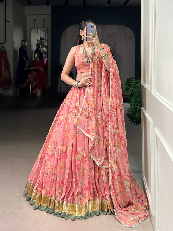 Lorenvalley Fashion Peach Chiffon Floral Print and Foil Print with Embossed Design with Gotta Patti Lace Touch Up Lehenga Choli with Dupatta