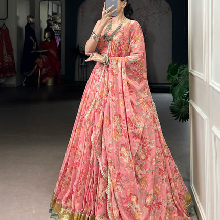 Lorenvalley Fashion Peach Chiffon Floral Print and Foil Print with Embossed Design with Gotta Patti Lace Touch Up Lehenga Choli with Dupatta