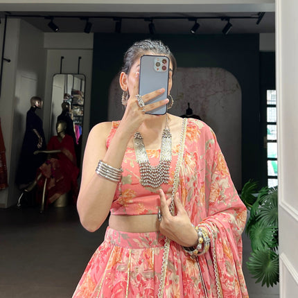 Lorenvalley Fashion Peach Chiffon Floral Print and Foil Print with Embossed Design with Gotta Patti Lace Touch Up Lehenga Choli with Dupatta
