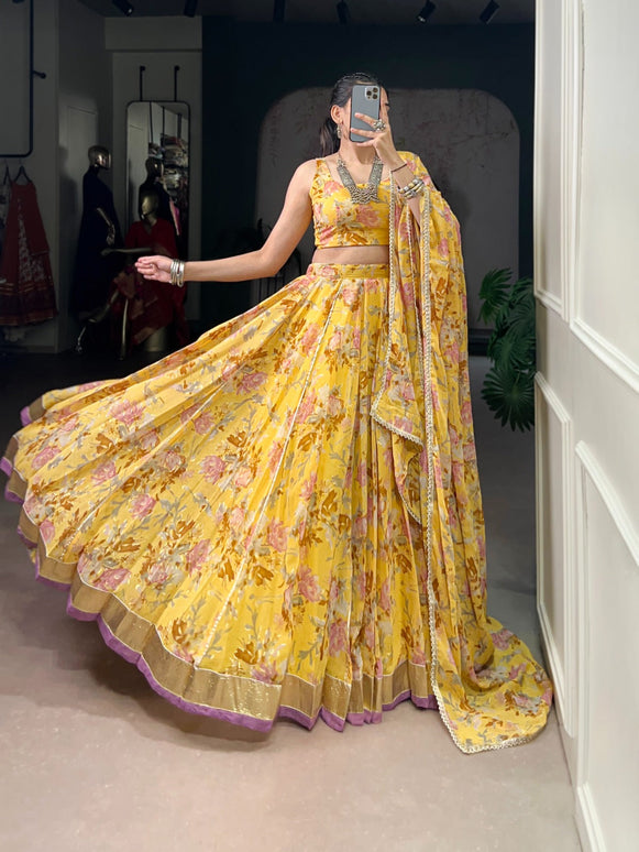 Lorenvalley Fashion Yellow Chiffon Floral Print and Foil Print with Embossed Design with Gotta Patti Lace Touch Up Lehenga Choli with Dupatta
