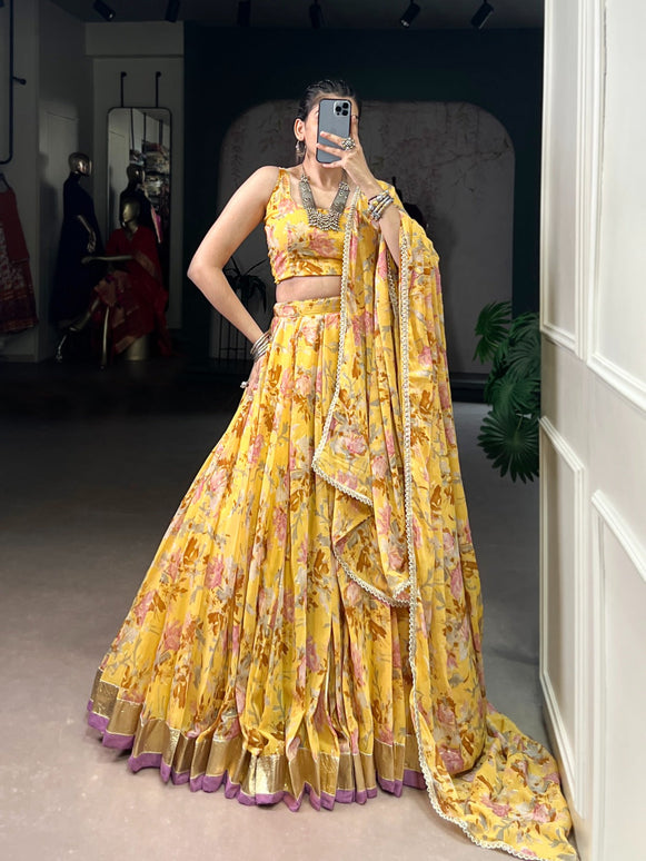 Lorenvalley Fashion Yellow Chiffon Floral Print and Foil Print with Embossed Design with Gotta Patti Lace Touch Up Lehenga Choli with Dupatta