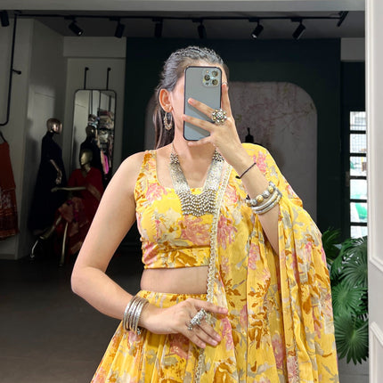 Lorenvalley Fashion Yellow Chiffon Floral Print and Foil Print with Embossed Design with Gotta Patti Lace Touch Up Lehenga Choli with Dupatta