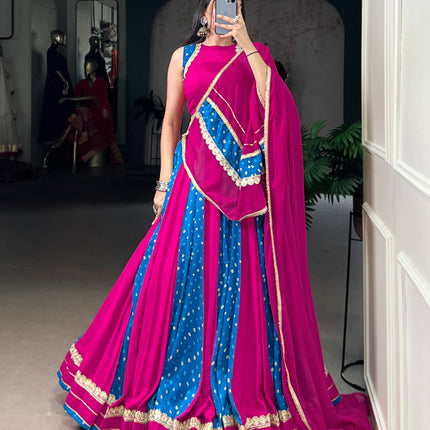 Lorenvalley Fashion Pink Tasar Silk Bandhej Print With Lace Touch Up Lehenga Choli with Dupatta