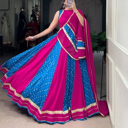 Lorenvalley Fashion Pink Tasar Silk Bandhej Print With Lace Touch Up Lehenga Choli with Dupatta