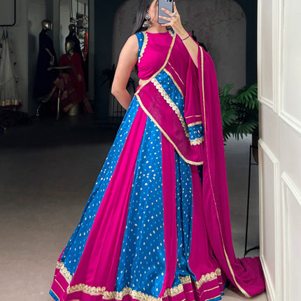 Lorenvalley Fashion Pink Tasar Silk Bandhej Print With Lace Touch Up Lehenga Choli with Dupatta