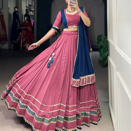 Lorenvalley Fashion Peach Pure Rayon Lace Touch Up Lehenga Choli with Dupatta