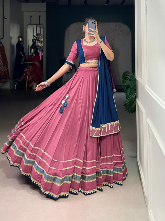 Lorenvalley Fashion Peach Pure Rayon Lace Touch Up Lehenga Choli with Dupatta