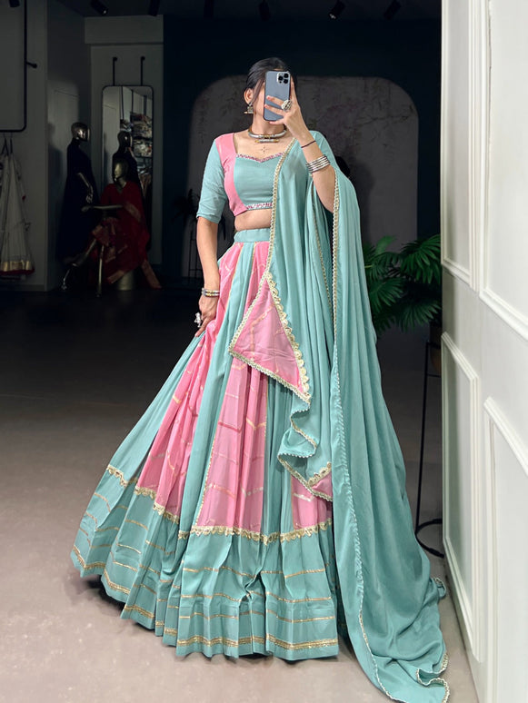 Lorenvalley Fashion Pure Rayon with Georgette Sequins and Thread Embroidery Work With Lace Touch Up Lehenga Choli with Dupatta