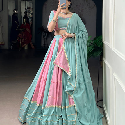 Lorenvalley Fashion Pure Rayon with Georgette Sequins and Thread Embroidery Work With Lace Touch Up Lehenga Choli with Dupatta