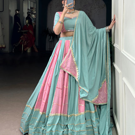 Lorenvalley Fashion Pure Rayon with Georgette Sequins and Thread Embroidery Work With Lace Touch Up Lehenga Choli with Dupatta