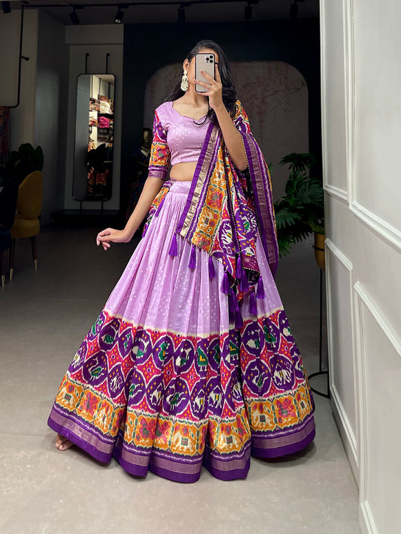 Lorenvalley Lavender Tussar Silk Patola Print With foil work Lehenga Choli with Dupatta