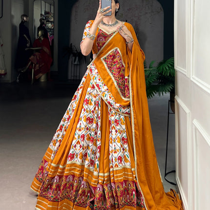 Lorenvalley Fashion Mustard Rayon with Printed Silk Patola Print with Gamthi Work and Lace Touch Up Lehenga Choli with Dupatta