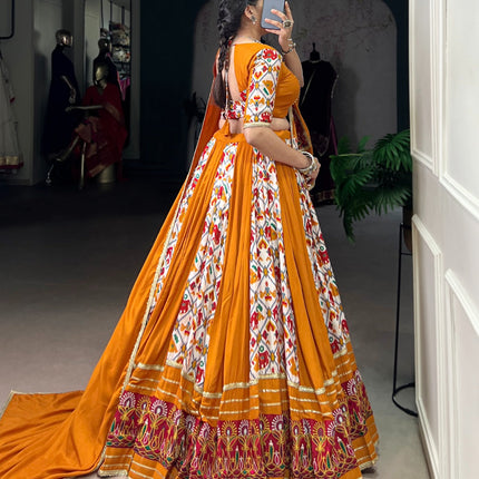 Lorenvalley Fashion Mustard Rayon with Printed Silk Patola Print with Gamthi Work and Lace Touch Up Lehenga Choli with Dupatta