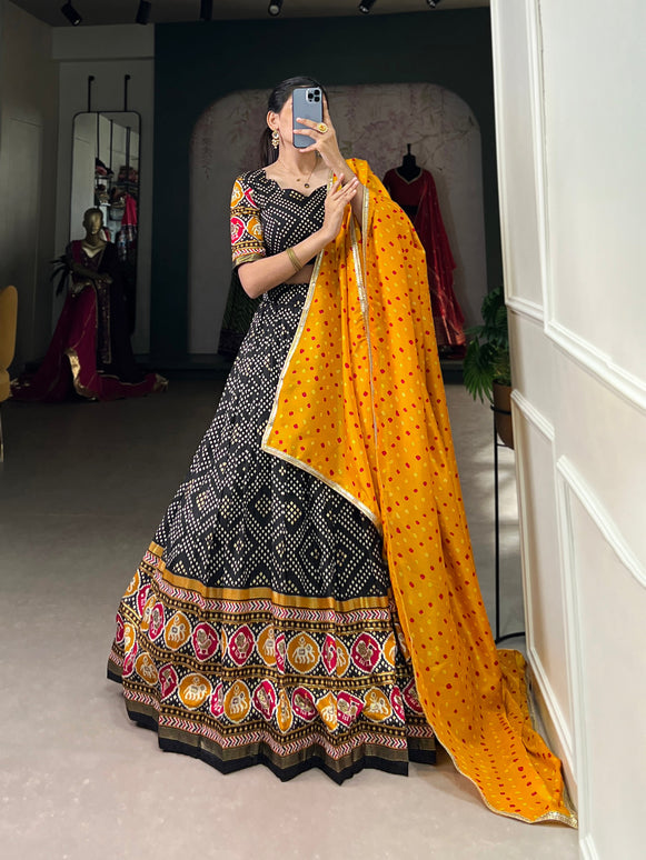 Lorenvalley Black Tussar Silk Bandhej and Patola Print with Foil Work Lehenga Choli with Dupatta