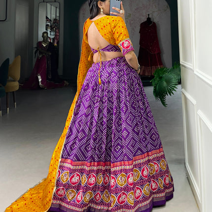 Lorenvalley Purple Tussar Silk Bandhej and Patola Print with Foil Work Lehenga Choli with Dupatta