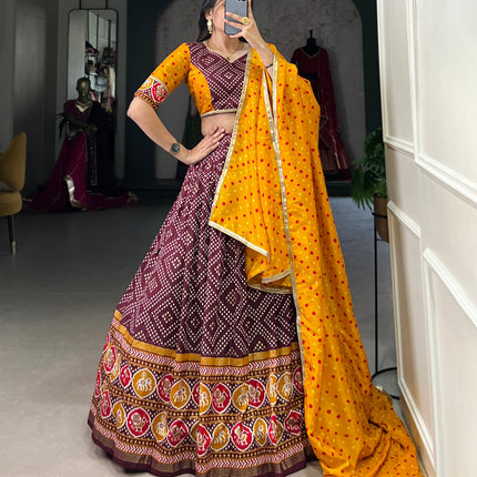 Lorenvalley Wine Tussar Silk Bandhej and Patola Print with Foil Work Lehenga Choli with Dupatta