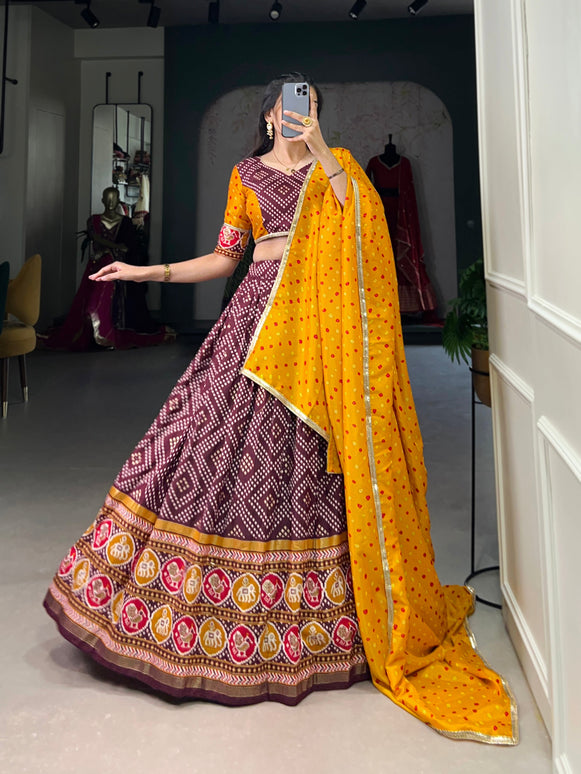 Lorenvalley Wine Tussar Silk Bandhej and Patola Print with Foil Work Lehenga Choli with Dupatta