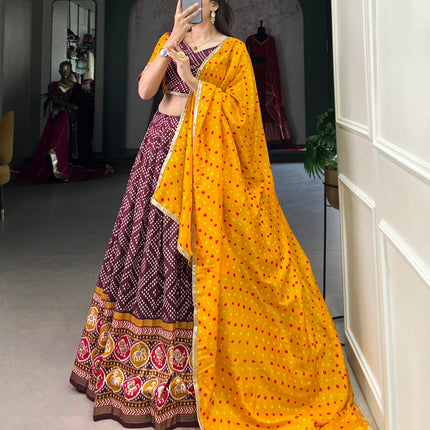 Lorenvalley Wine Tussar Silk Bandhej and Patola Print with Foil Work Lehenga Choli with Dupatta