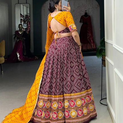 Lorenvalley Wine Tussar Silk Bandhej and Patola Print with Foil Work Lehenga Choli with Dupatta