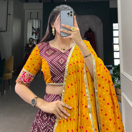 Lorenvalley Wine Tussar Silk Bandhej and Patola Print with Foil Work Lehenga Choli with Dupatta